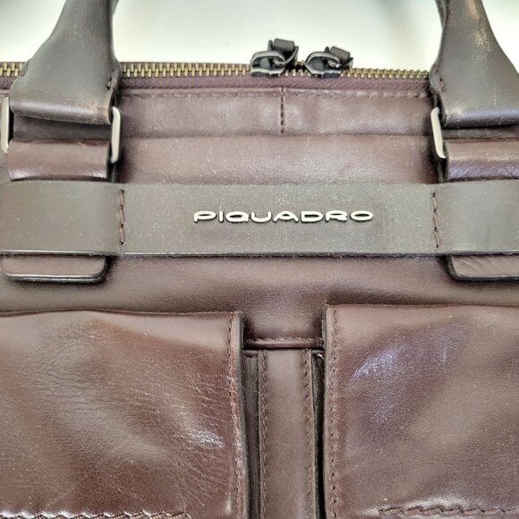 Piquadro Dark Brown Leather Business Bag With Adjustable Strap Multiple Pockets - Picture 7 of 8